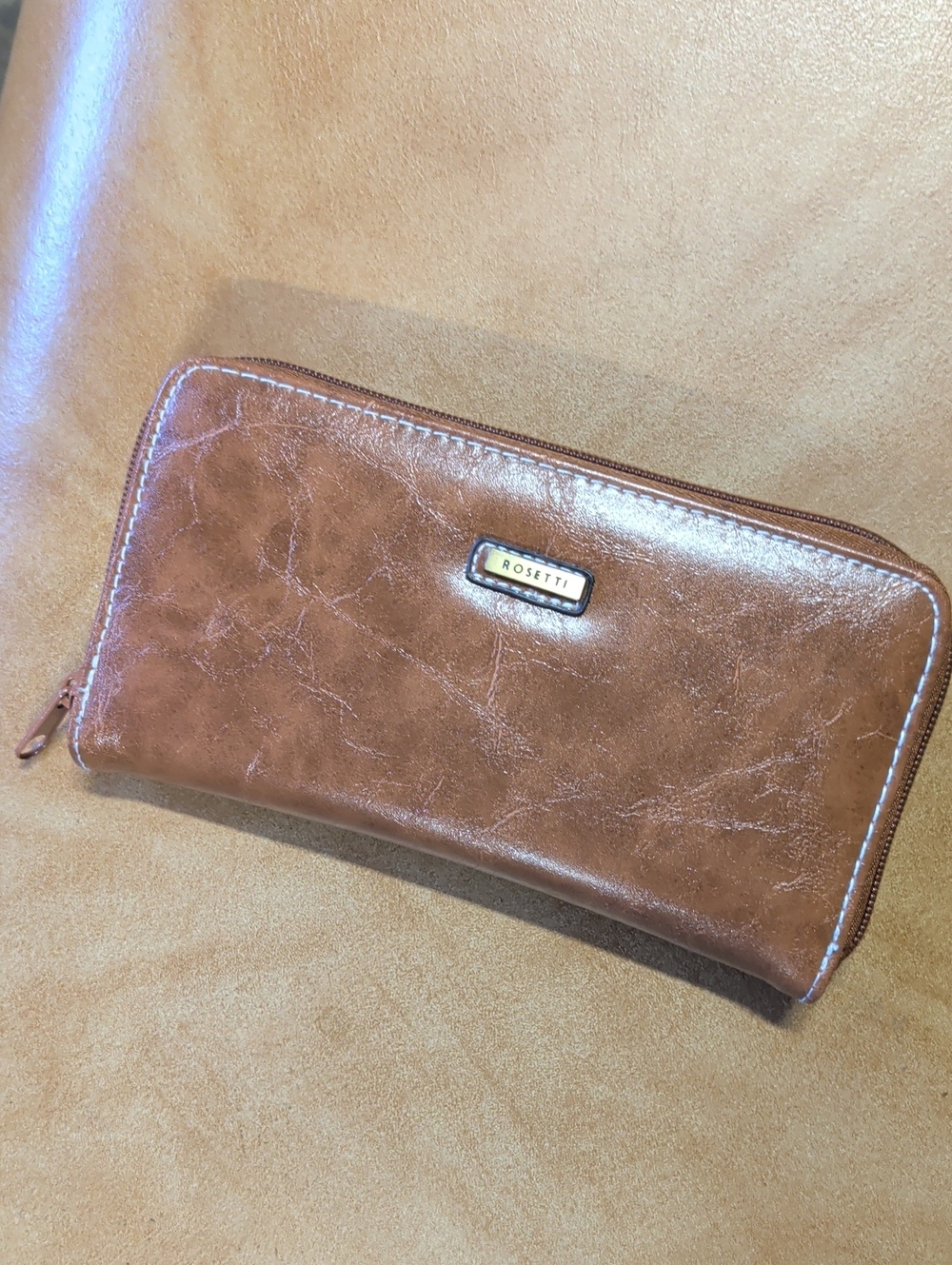 Rosetti Cognac Brown Zip Wallet with Gold Logo
